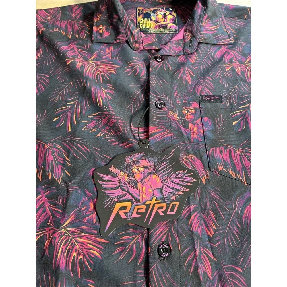 Retro Rifle Chill Chimp Button Up Shirt‎ Mens Large Black Purple Tropical Monkey